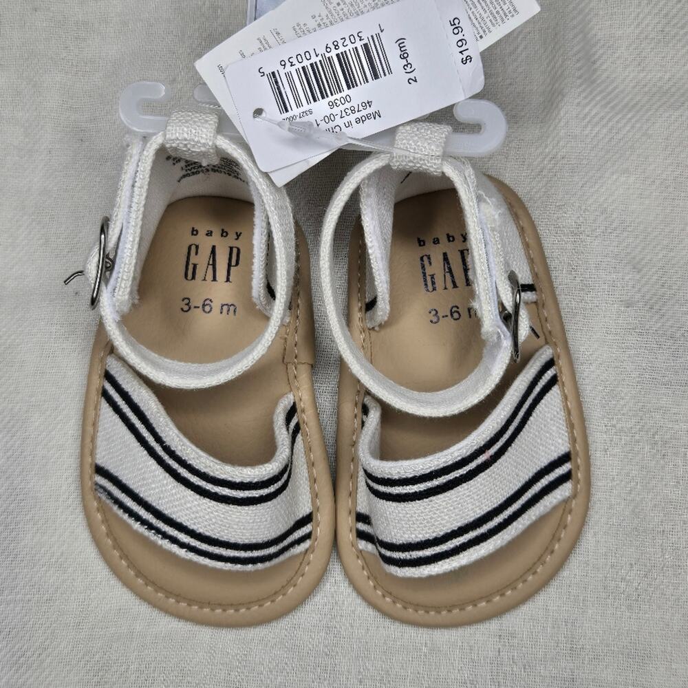 NWT BABY GAP White w/ Black Stripes and Tan Linen Sandals Size 3-6mo